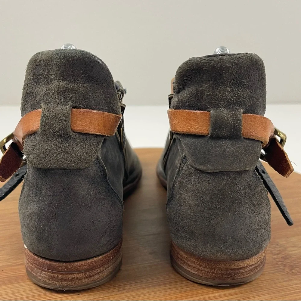 A.S.98 Black Suede Ankle Booties with Tan Strap